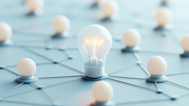 A central glowing light bulb connected to multiple nonglowing bulbs, symbolizing leadership or innovation.
