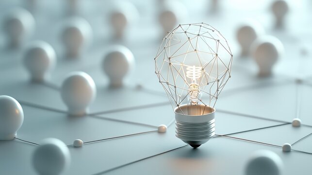 A 3Drendered image featuring a central, illuminated light bulb with a geometric wireframe design, surrounded b