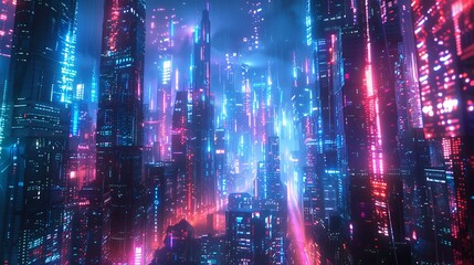 Obraz premium A breathtaking cyberpunk-style futuristic city with skyscrapers made of transparent digital screens, streams of glowing big data flowing through neon-lit streets, holographic charts and analytics 