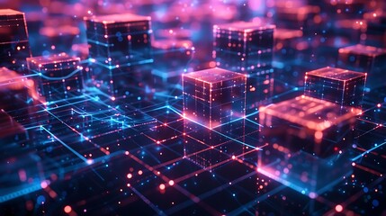 A futuristic 3D blockchain network with interconnected glowing cubes floating in a vast digital space, surrounded by luminous blue and purple transaction lines, decentralized finance elements, 