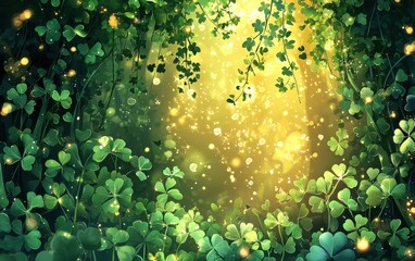 Lush green forest with a magical golden glow in the mist for Saint Patricks Day