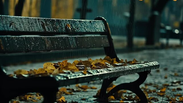 Rainfall on a Park Bench Surrounded by Autumn Leaves at Night