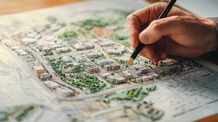 Urban planning concept  imaginary city plan featuring detailed map of residential area development