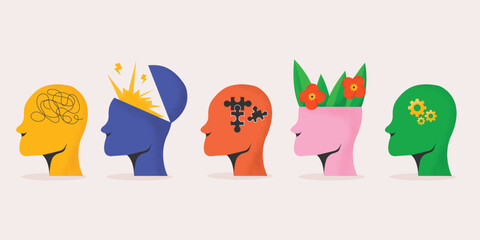 Mental health illustration set. Psychotherapy concept.Collection of different people head, puzzle of human head, psychotherapy, mindfulness,overthinking,burnout.Mental health problems.Vector