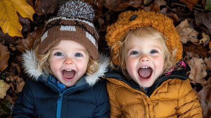 Two children laughing outdoors, autumn leaves, happy faces, joyful expression, perfect for children's book or social media