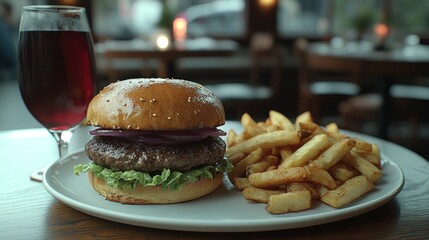 Restaurant burger and fries with wine, urban cafe setting
