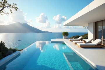 Fototapeta premium Sleek minimalist villa, expansive terrace overlooking ocean, landscaping, clouds