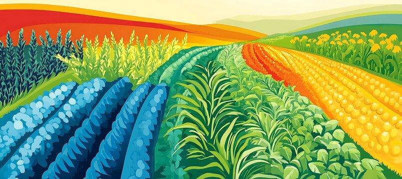 A vibrant farmland where different crops grow side by side, proving that crop rotation and polyculture create a healthier and more productive harvest.