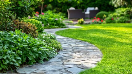 Charming stone pathway meanders through lush garden with inviting patio furniture and green lawn