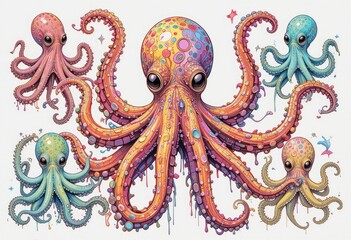 Fototapeta premium Colorful Octopus Illustration Featuring Multiple Octopi Against a White Background
