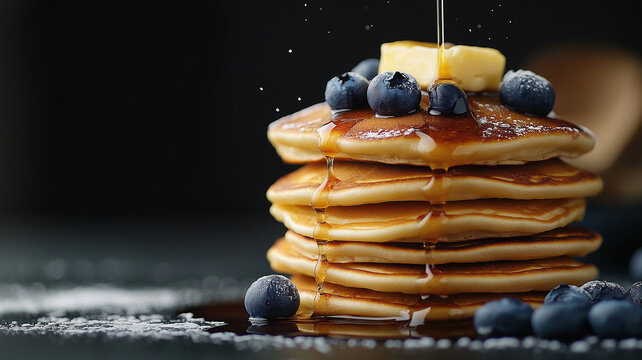 Fluffy pancakes stacked high, topped with blueberries and melting butter, drizzled with syrup, creating delicious and inviting breakfast scene