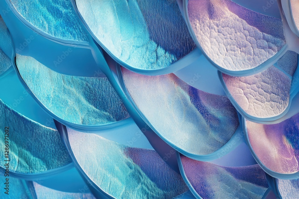 Poster abstract blue and purple scales pattern, textured and iridescent, creating a mesmerizing visual effe