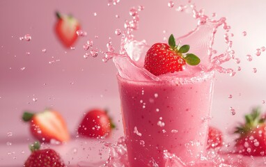 A pink smoothie splashing with fresh strawberries floating, soft pastel pink background