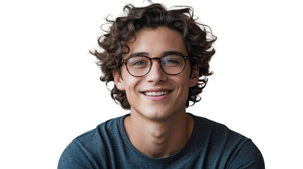 Fototapeta premium Smiling Young Man with Curly Hair and Glasses – Isolated Portrait on Transparent Background