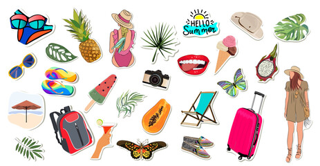 Set of cute summer stickers for daily planner. Collection of scrapbooking elements, cocktail, suitcase, ice cream, bikini, tropical fruits, butterflies, leaves, girls in beach clothes. Vector isolated