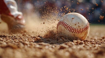 Dynamic action shot of baseball player impacting ground, creating dust in competitive sports moment