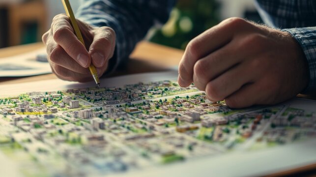 Architect designs imaginary city plan featuring detailed map of new residential area and roads
