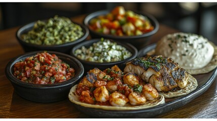Restaurant platter of grilled fish, shrimp, and assorted sides on wooden table