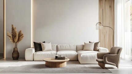 Modern living room with comfortable sofa, stylish armchair, and decorative plant