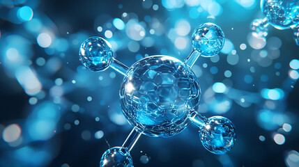Scientific 3D model of a hydrogen molecule, rendered with transparency and glowing blue elements, symbolizing clean fuel technology. 
