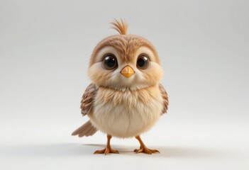 Cute Cartoon Bird Character with Big Eyes Isolated on White Background