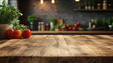 Empty Wooden Table with Blurred Kitchen Blurred Background.
