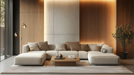 Contemporary living room with beige sofa, wooden wall, and stylish decor
