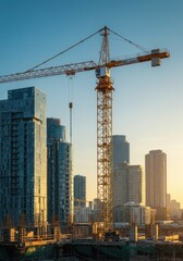 A massive crane silhouetted against a bustling city, symbolizing growth and progress.