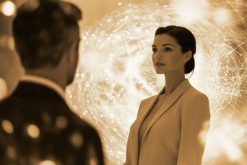 Obraz premium A woman in a beige blazer stands against an abstract light background, a man is partially visible in the foreground.