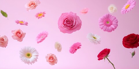 colorful blooming spring flowers levitating against pink background, Romantic floral spring or summer concept or pattern. Birthday card