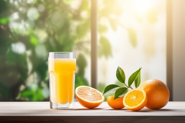 Fototapeta premium glass of freshly squeezed orange juice on bokeh background