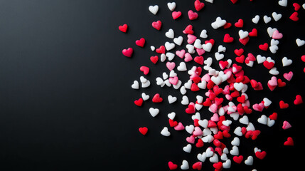 Drifting red and pink candy hearts on black background for valentine's day design