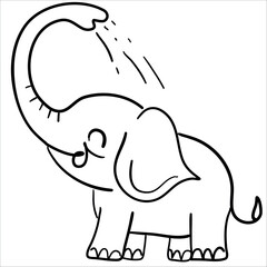 Simple clean lineart, coloring page for children: happy elephant having a shower with his trunk