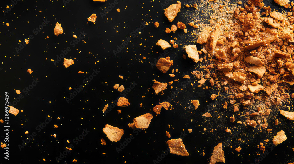 Poster cookie crumbs floating against dark background for texture and design concepts