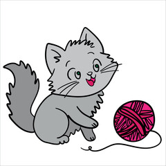 Colorful vector simple illustration for children: adorable furry cat plays with wool ball