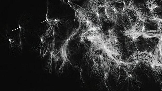 Ethereal dandelion seeds drifting in the wind against a soft blurred background