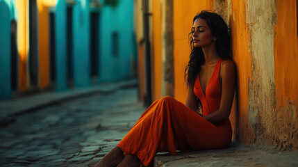 Contemplative model in orange dress sits against colorful wall