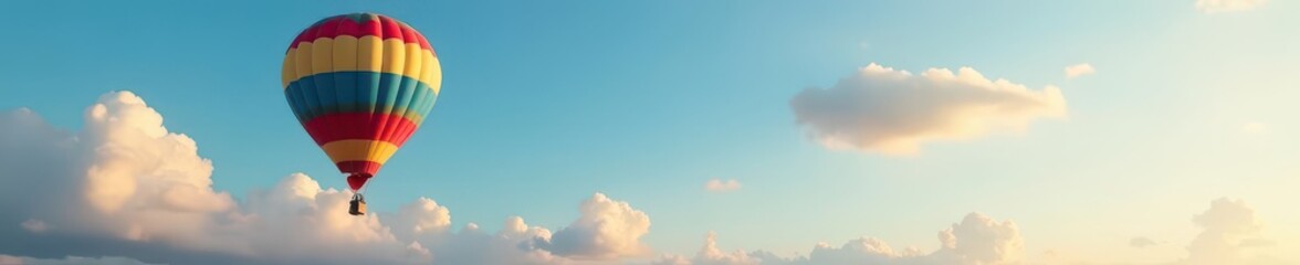 Fototapeta premium Colorful hot air balloon floating high in sky with gentle breeze, sky, aerial view, peaceful