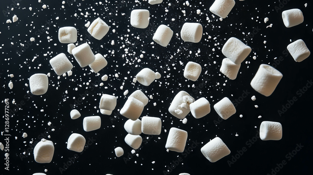 Poster floating marshmallows on dark background for dessert and festive concepts