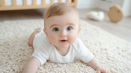 Fototapeta premium Happy baby tummy time on rug, nursery background