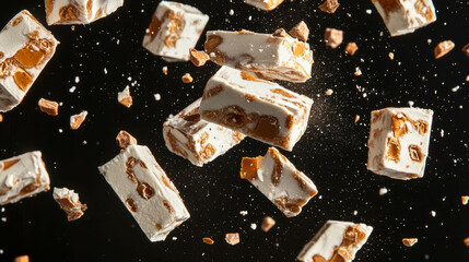 Floating nougat delight on dark background for dessert lovers and culinary art