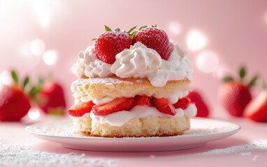 Floating strawberry shortcake with whipped cream on a delicate pink background
