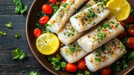 Roasted fish fillets with lemon, cherry tomatoes, and herbs on dark wooden table