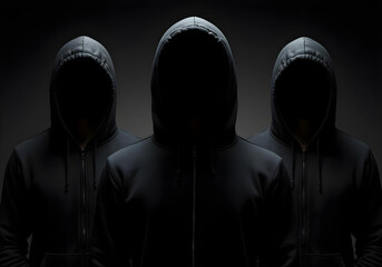 Three individuals wearing hooded sweatshirts with blank faces, creating a mysterious and modern aesthetic.