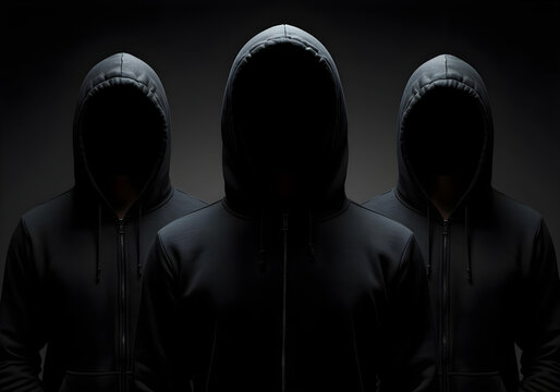 Three individuals wearing hooded sweatshirts with blank faces, creating a mysterious and modern aesthetic.