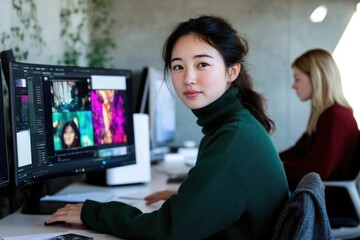 A young woman focused on video editing software on her computer screen, working in a modern office.