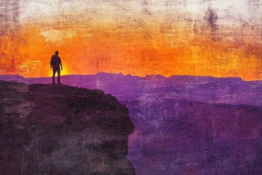 Silhouette of a lone hiker on a cliff, overlooking a vibrant sunset over a vast mountain range.
