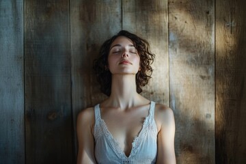 Fototapeta premium Serene young woman with eyes closed, resting against a rustic wooden wall, bathed in soft light.