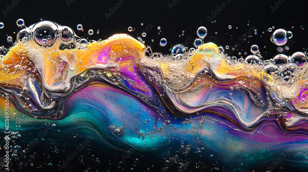 Poster iridescent soap bubbles drifting on multicolored background for creative designs and abstract art