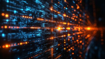 Digital Data Flow. Light streaks across the screen. Orange and blue colors. Abstract technology background. Information highway concept.